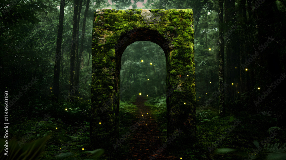 Obraz premium Ancient Stone Archway with Glowing Moss in Enchanted Forest