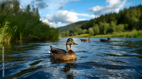 Duck swimming mountain river nature landscape wildlife photography. generative ai