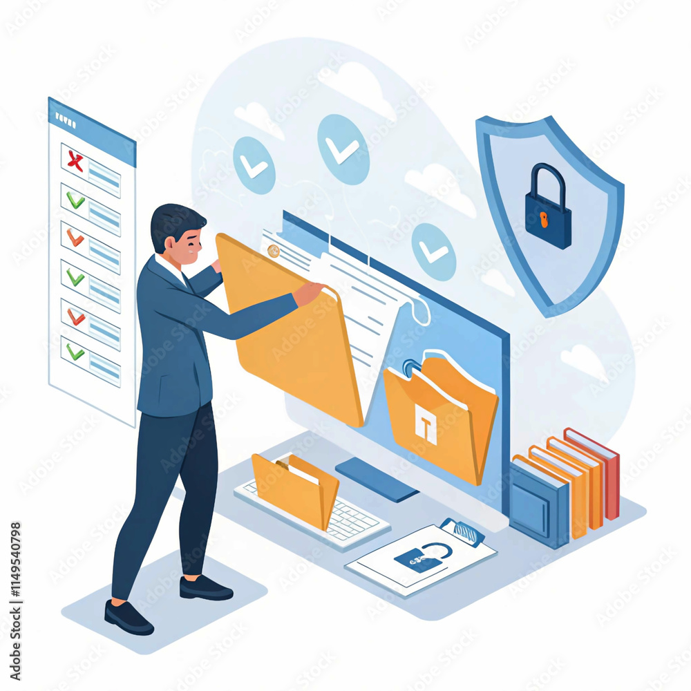 business person with tablet pc, The concept of document safety and security protection system. Businessman using online documentation database management software technology.