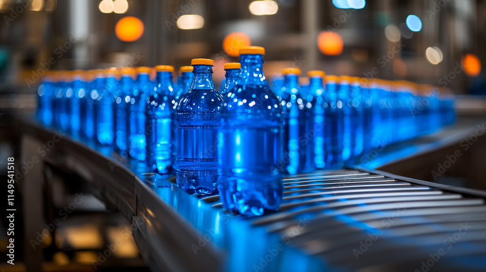 Bottles of water moving on conveyor belt in a busy production facility. Bottles of water moving on conveyor belt in a busy production facility.