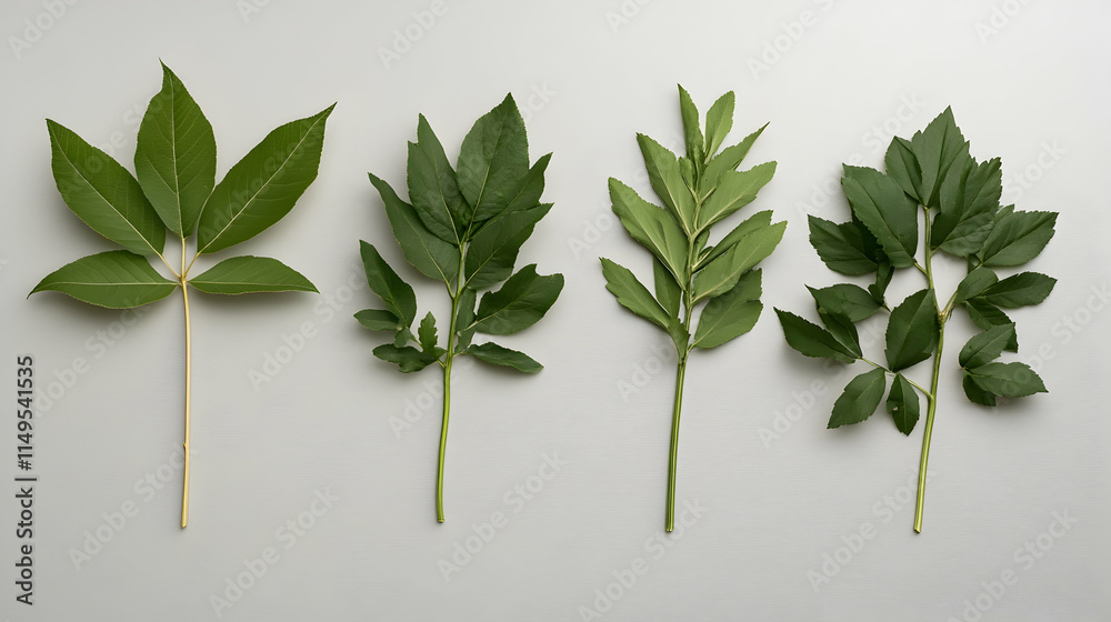 Four Green Leaves Arranged on Grey Background for Botanical Design. generative ai Four Green Leaves Arranged on Grey Background for Botanical Design. generative ai