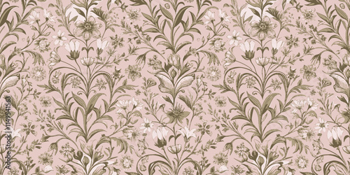 An elegant vintage floral wallpaper design featuring soft pink and earth tones.