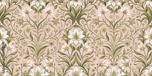Elegant floral pattern featuring white lilies and intricate vines on a soft pink background.