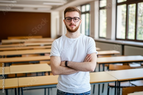 Portrait of a college student standing in a lecture room