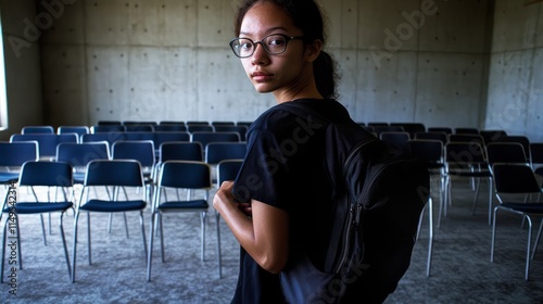Portrait of a college student standing in a lecture room