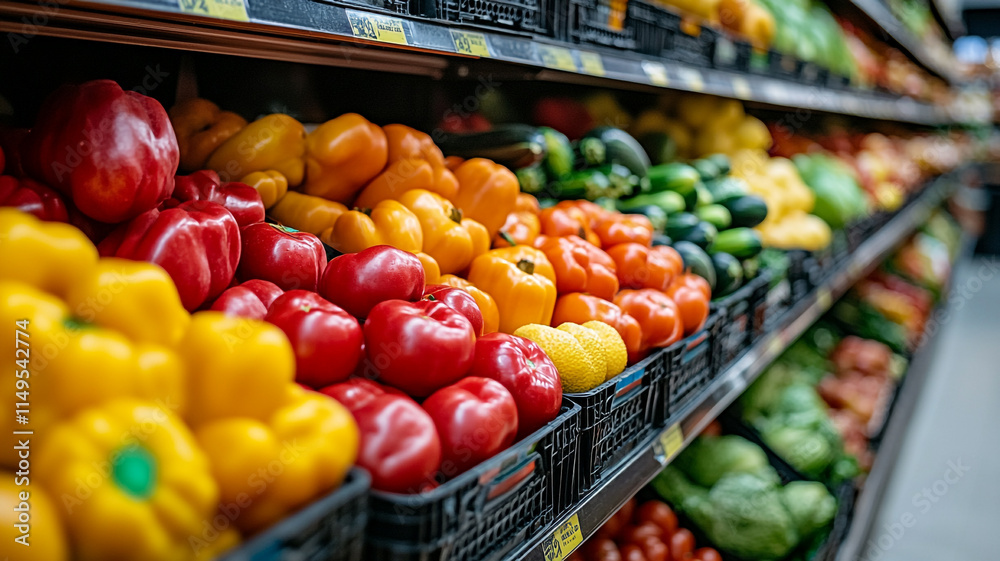 Colorful display of fresh vegetables in a grocery store produce section. Colorful display of fresh vegetables in a grocery store produce section.