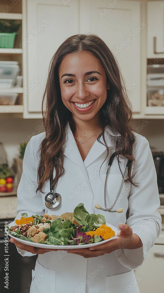 Young Hispanic female nutritionist smiling holding a plate of healthy food in a clinic. Young Hispanic female nutritionist smiling holding a plate of healthy food in a clinic.