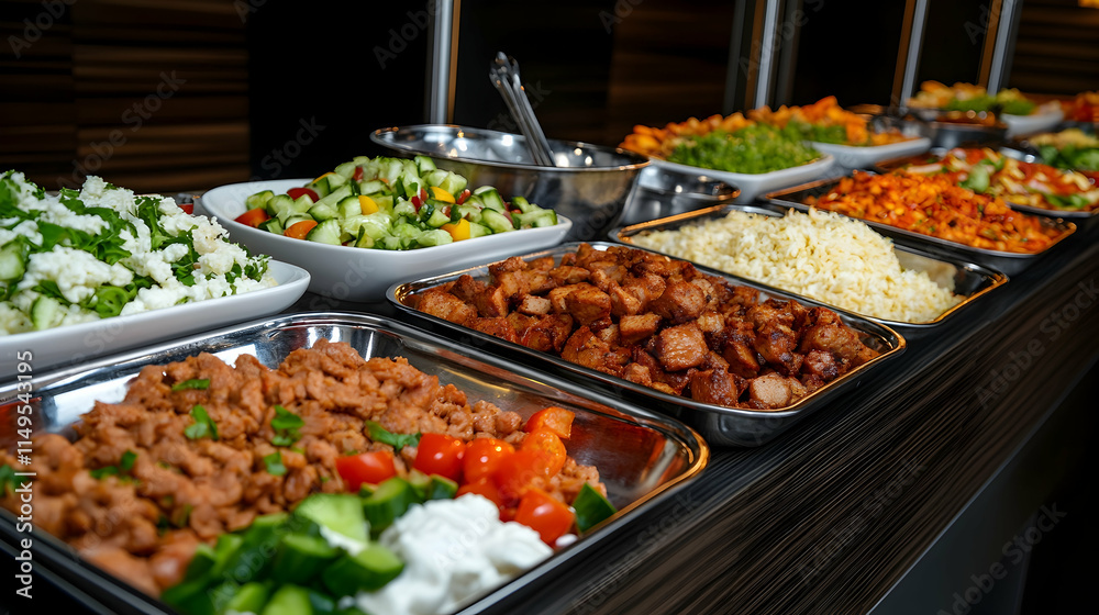 Hotel Buffet Restaurant Food Salad Meat Dishes. generative ai Hotel Buffet Restaurant Food Salad Meat Dishes. generative ai