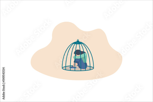Woman locked in cage. Unhappy female character sitting on floor and hugging knees. Female empowerment movement. Concept of restriction of freedom, domestic violence. Vector illustration.