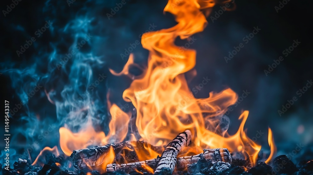 Fiery bonfire with orange and blue flames and smoke at night. Fiery bonfire with orange and blue flames and smoke at night.