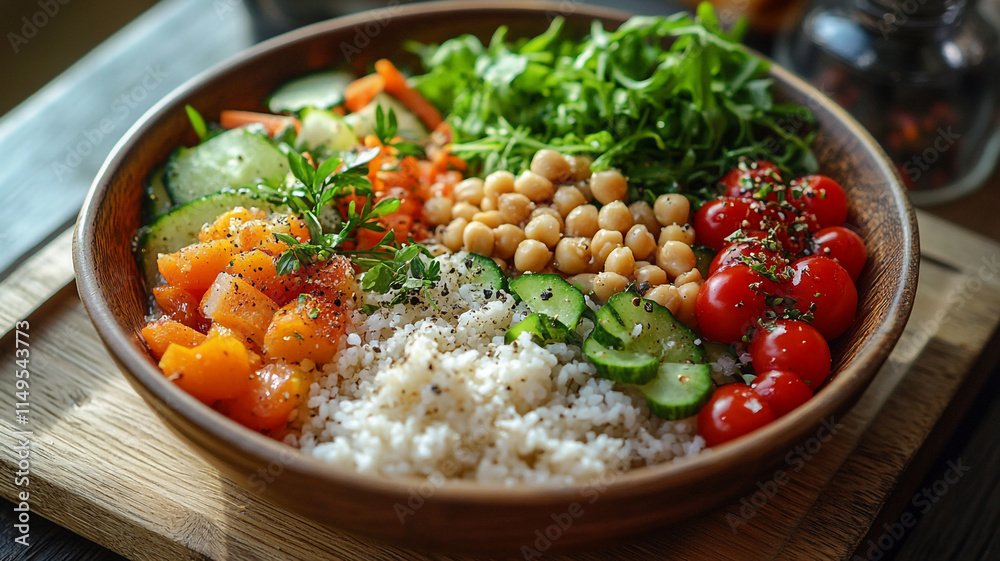 Fresh and colorful vegetable salad with rice and chickpeas for healthy meal. Fresh and colorful vegetable salad with rice and chickpeas for healthy meal.