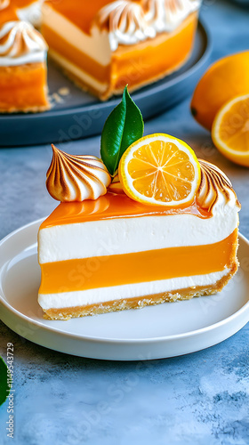 Lemon meringue cheesecake slice, kitchen table, background blur, food blog. generative ai photo