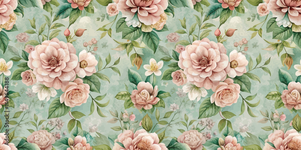 Fototapeta A delicate floral pattern featuring soft pink roses and white blossoms against a green backdrop.