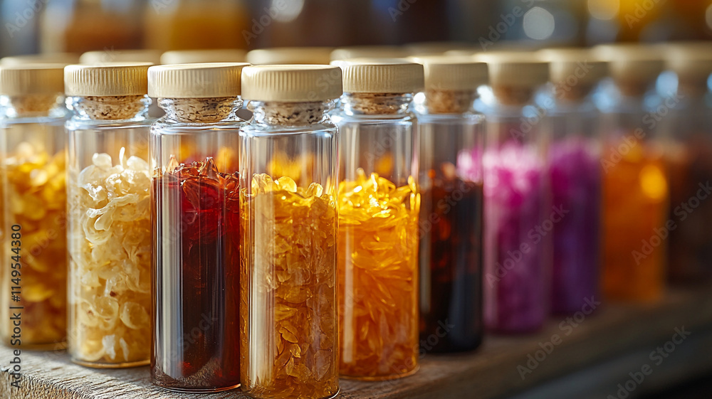 Colorful glass vials filled with dried flowers on a wooden shelf in a workshop. Colorful glass vials filled with dried flowers on a wooden shelf in a workshop.