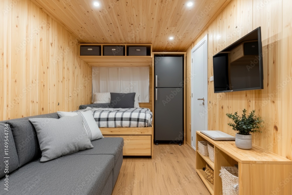 Fototapeta premium Cozy Tiny House, Smart Storage, Modern Design. Relaxing ambiance, wood accents