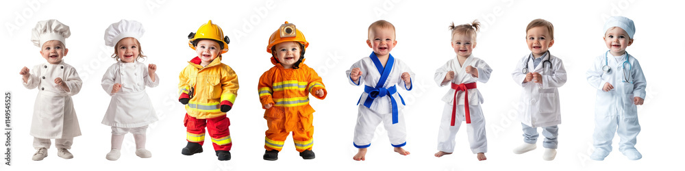 PNG Adorable babies in professional costumes, element set on transparent background PNG Adorable babies in professional costumes, element set on transparent background