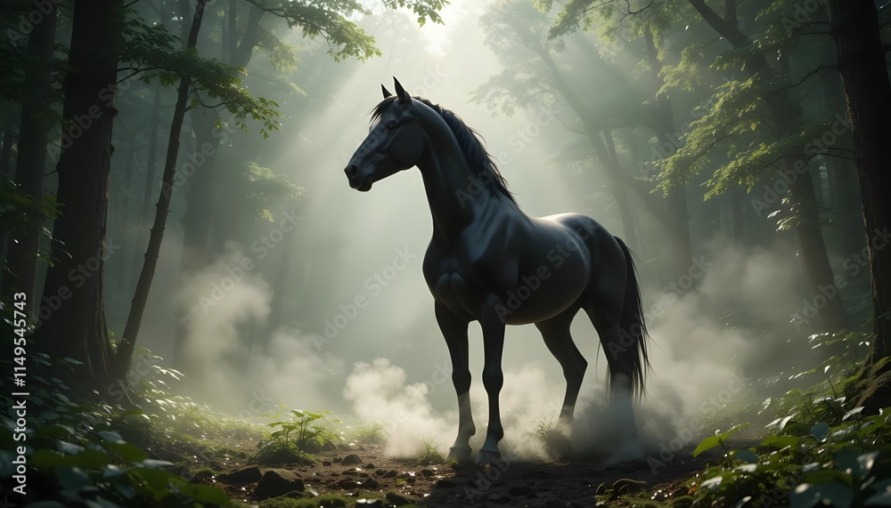 Majestic Black Stallion in a Mystical Foggy Forest: A Digital Painting of an Enchanting Scene Majestic Black Stallion in a Mystical Foggy Forest: A Digital Painting of an Enchanting Scene