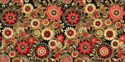 A vibrant floral pattern featuring rich red and gold hues against a dark background.