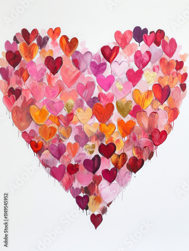 A heart made of many different pink, red and gold hearts painted on white background with Valentine's Day theme 