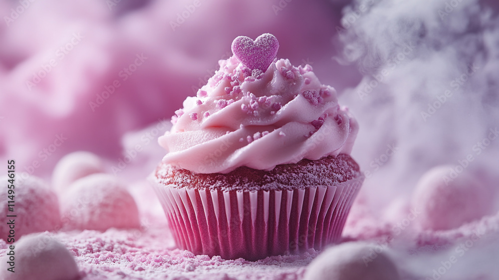 Sweet pink cupcake with heart decoration and sprinkles on a soft background. Sweet pink cupcake with heart decoration and sprinkles on a soft background.