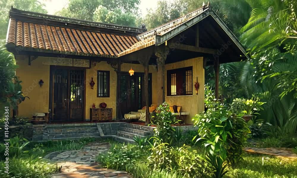 Tranquil Asian-Style House Nestled in Lush Tropical Foliage Tranquil Asian-Style House Nestled in Lush Tropical Foliage