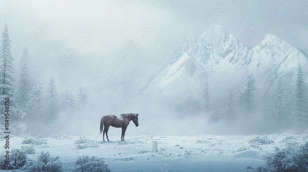 Majestic Horse in Snowy Mountains: Winter Wonderland Majestic Horse in Snowy Mountains: Winter Wonderland
