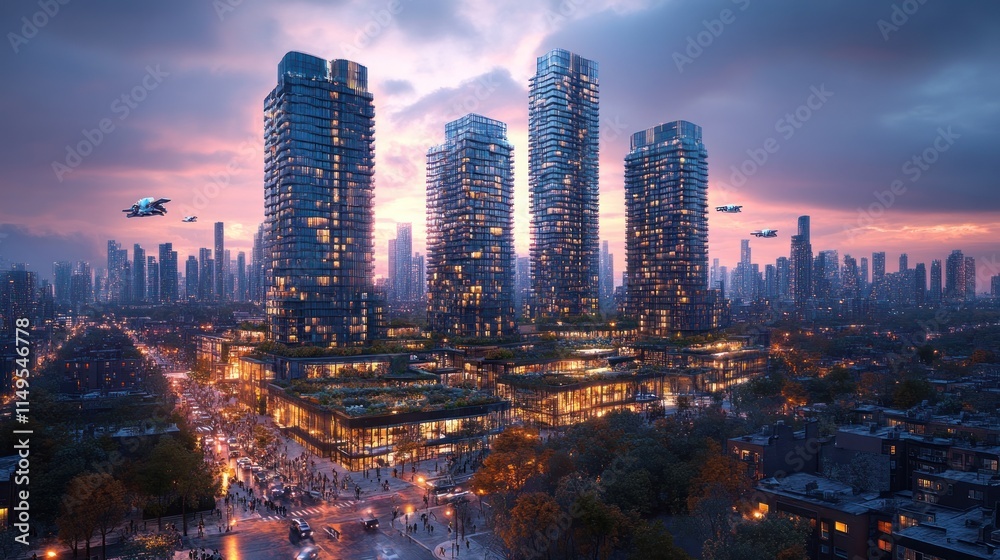 Obraz premium Aerial view of futuristic city skyline with modern skyscrapers, vibrant urban landscape, and aerial vehicles.