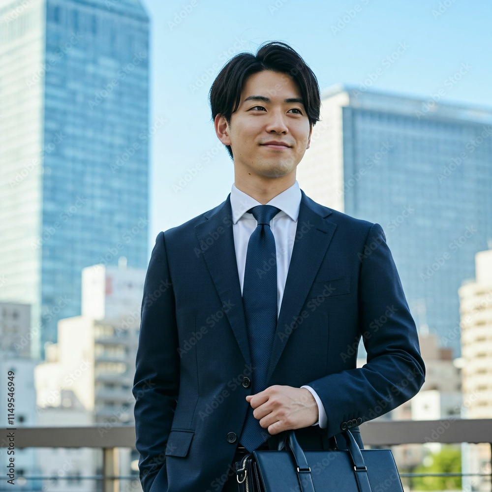 Young Japanese Businessman in Formal Suit Holding Briefcase in Modern Cityscape Young Japanese Businessman in Formal Suit Holding Briefcase in Modern Cityscape