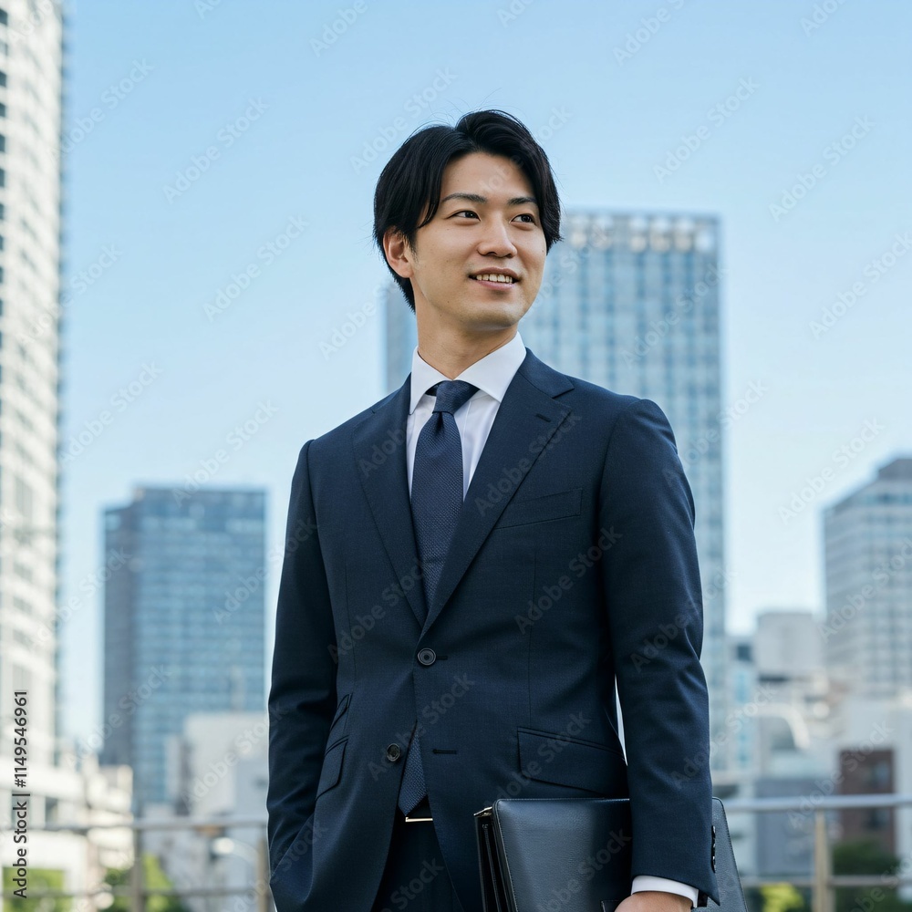 Young Japanese Businessman in Formal Suit Holding Briefcase in Modern Cityscape Young Japanese Businessman in Formal Suit Holding Briefcase in Modern Cityscape