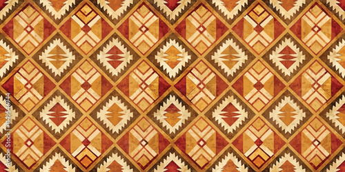 Intricate geometric pattern in warm earth tones, featuring diamonds and sharp angles.