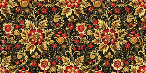 A vibrant floral pattern in gold, red, and black, showcasing intricate designs and elegant swirls.