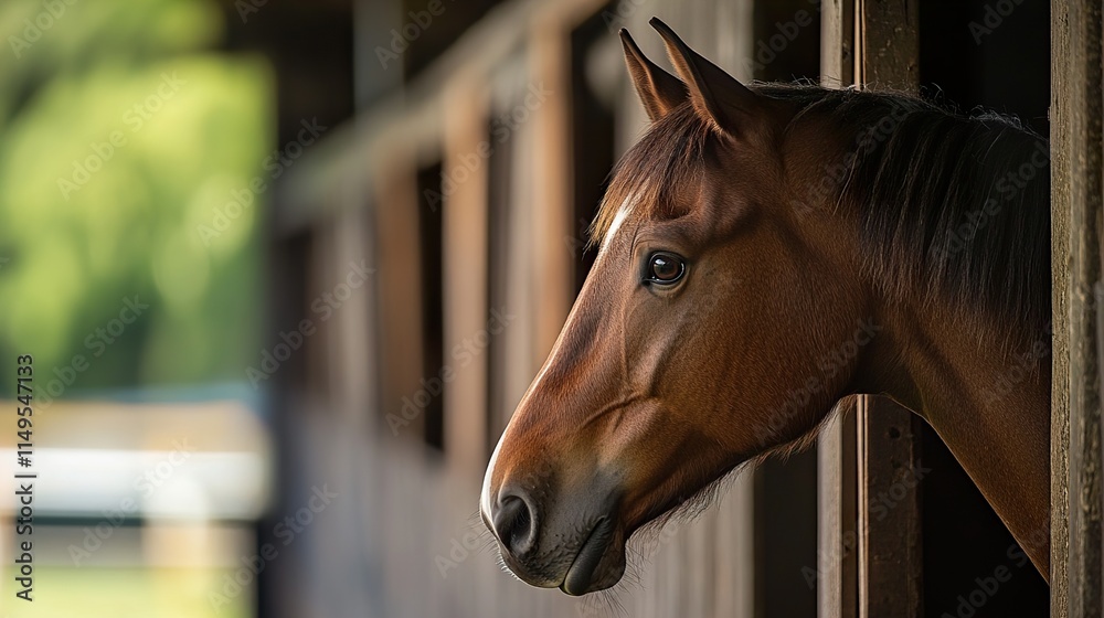 Fototapeta premium Majestic Brown Horse in Stable, Peaceful Countryside Portrait