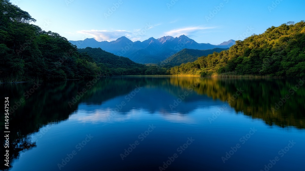 Serene mountain lake reflecting sky and lush greenery at dawn. Serene mountain lake reflecting sky and lush greenery at dawn.