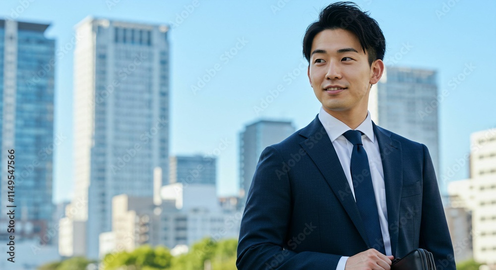 Ambitious Japanese Businessman in the Heart of the City: A Vision for Success　都市の中心で野心を持つ日本人ビジネスマン：成功へのビジョン