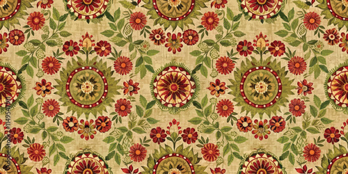 A vibrant floral pattern featuring red, orange, and green motifs on a beige background.