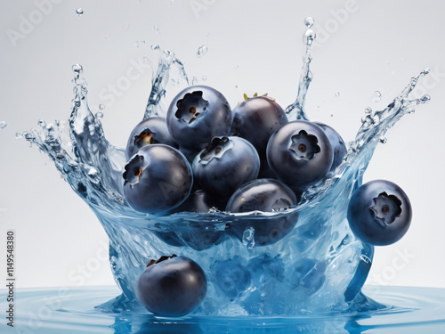 Vivid blueberries splashed with water, creating dynamic droplets.