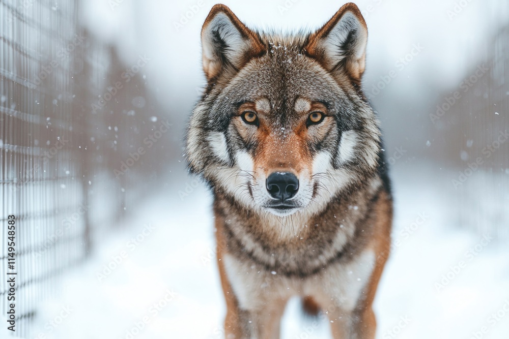 wildlife rescue release concept. A fierce wolf stands in the snow, showcasing its thick fur and intense gaze, embodying the spirit of the wild in a cold, serene environment. wildlife rescue release concept. A fierce wolf stands in the snow, showcasing its thick fur and intense gaze, embodying the spirit of the wild in a cold, serene environment.