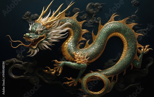 Magnificent Jade and Gold Chinese Dragon Sculpture Detailed Carving Ancient Mythological Creature photo