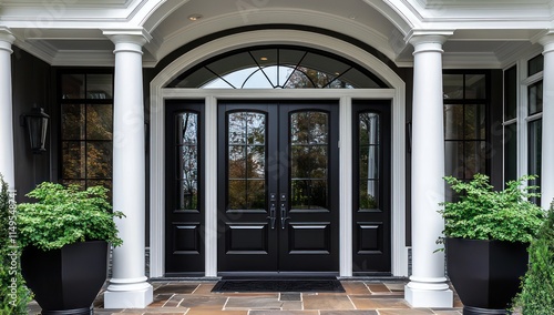 Elegant black double doors with white columns at the entrance to a luxury home.