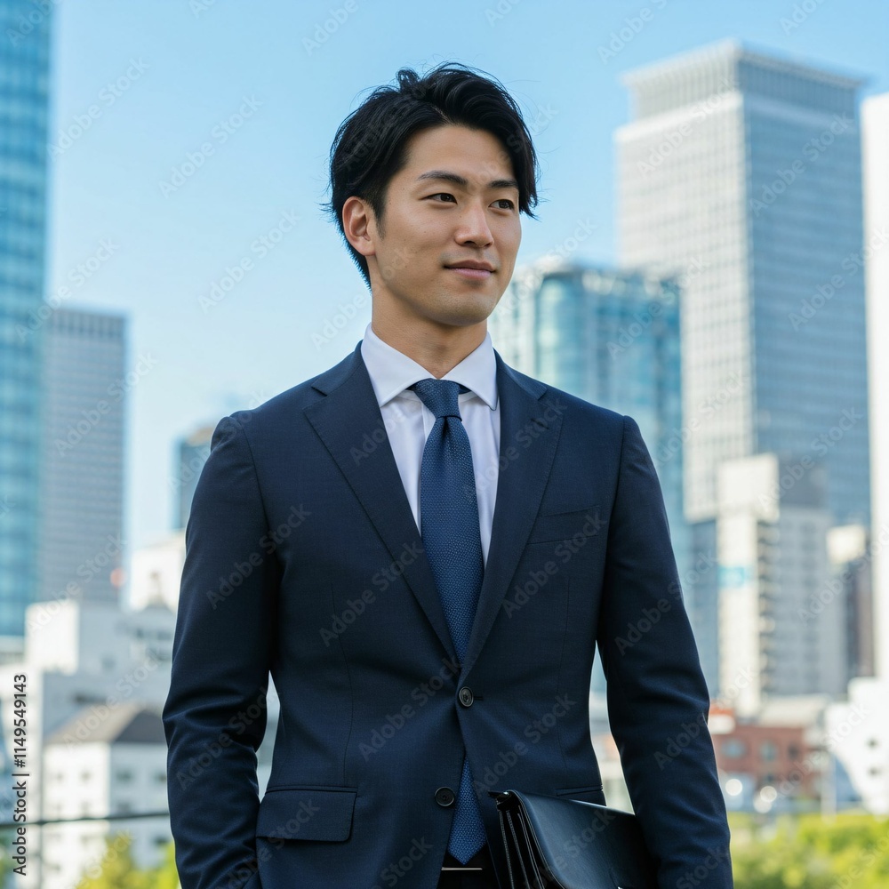 Dynamic Young Japanese Businessman in Elegant Suit Amidst Modern City Skyscrapers Dynamic Young Japanese Businessman in Elegant Suit Amidst Modern City Skyscrapers