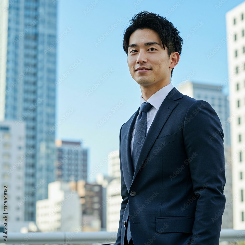 Dynamic Young Japanese Businessman in Elegant Suit Amidst Modern City Skyscrapers Dynamic Young Japanese Businessman in Elegant Suit Amidst Modern City Skyscrapers
