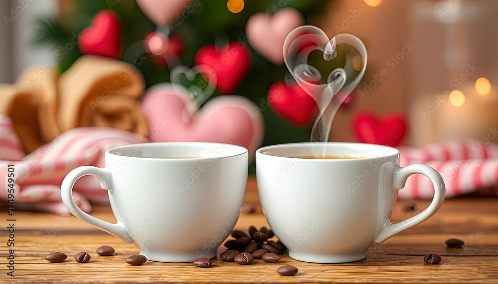 Two coffee cups with heart-shaped steam rising, set against a cozy Valentine backdrop. Two coffee cups with heart-shaped steam rising, set against a cozy Valentine backdrop.