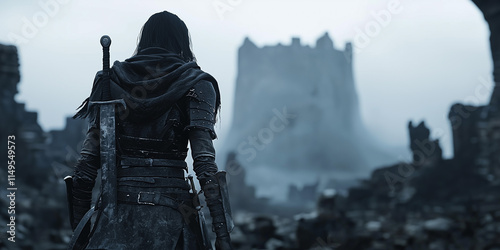 lone female warrior stands in ruined castle courtyard, her sword strapped to her back, gazing at mist shrouded fortress in distance, evoking sense of mystery and resilience