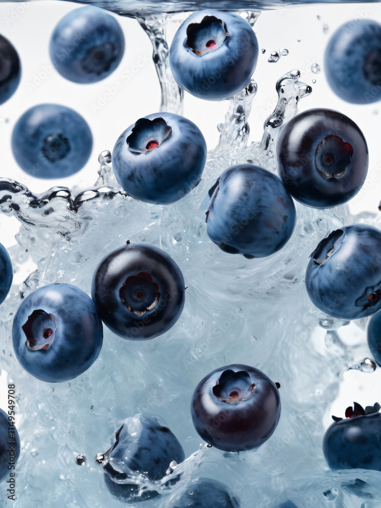Vivid blueberries splashed with water, creating dynamic droplets. Vivid blueberries splashed with water, creating dynamic droplets.