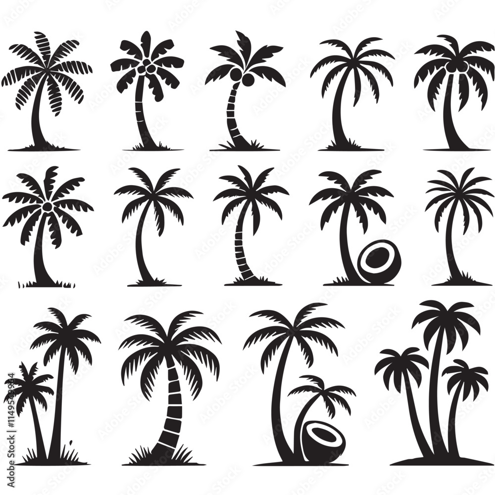 Vector collection of simple and minimalist coconut tree silhouettes