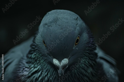 Pigeon with dark gray and purple feathers staring intensely, creating a dramatic and captivating portrait against a blurred dark background photo