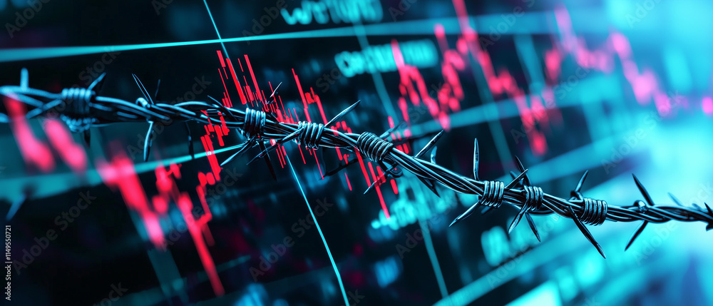 Fototapeta premium stock market graph intertwined with barbed wire, symbolizing financial restrictions, risks, or economic challenges. red and blue tones emphasize tension and uncertainty