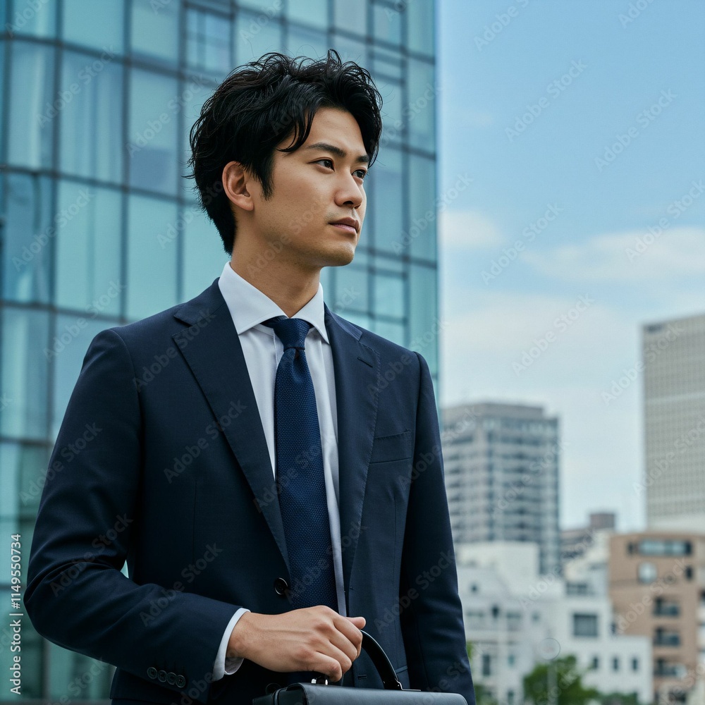 Confident Young Male Executive Holding Briefcase with Modern Skyscrapers in the Background Confident Young Male Executive Holding Briefcase with Modern Skyscrapers in the Background