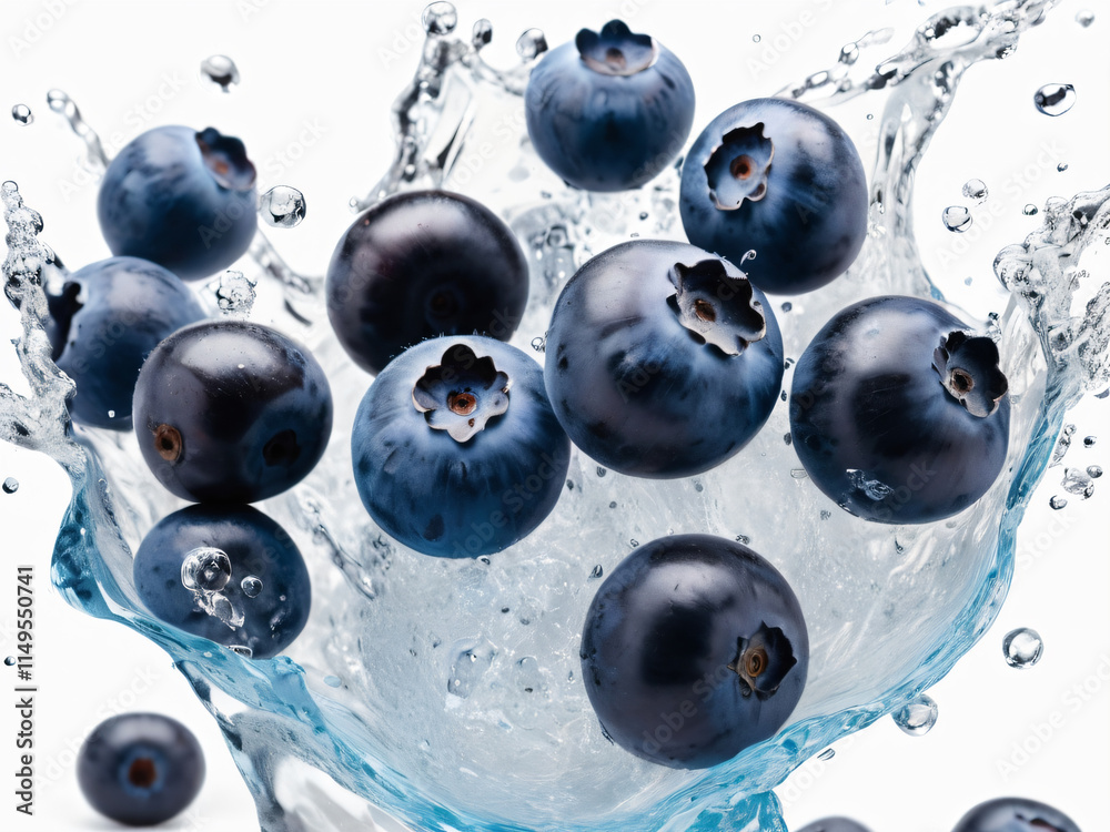 Vivid blueberries splashed with water, creating dynamic droplets. Vivid blueberries splashed with water, creating dynamic droplets.
