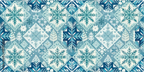 A stunning winter-themed fabric pattern featuring intricate snowflakes and leaves in shades of blue and cream.